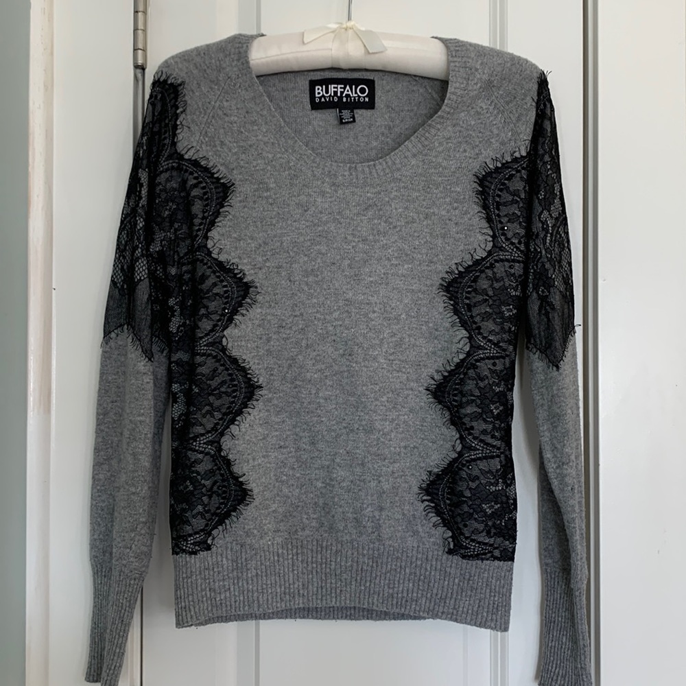 Gray Buffalo sweater with lace and beaded details
